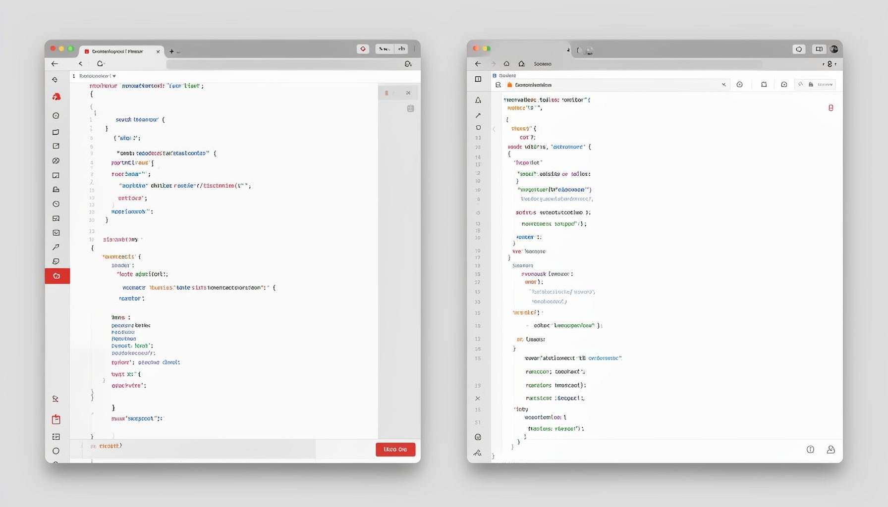 Deux écrans côte à côte affichant des interfaces de code différentes, palette sobre de gris et blanc avec accents rouges