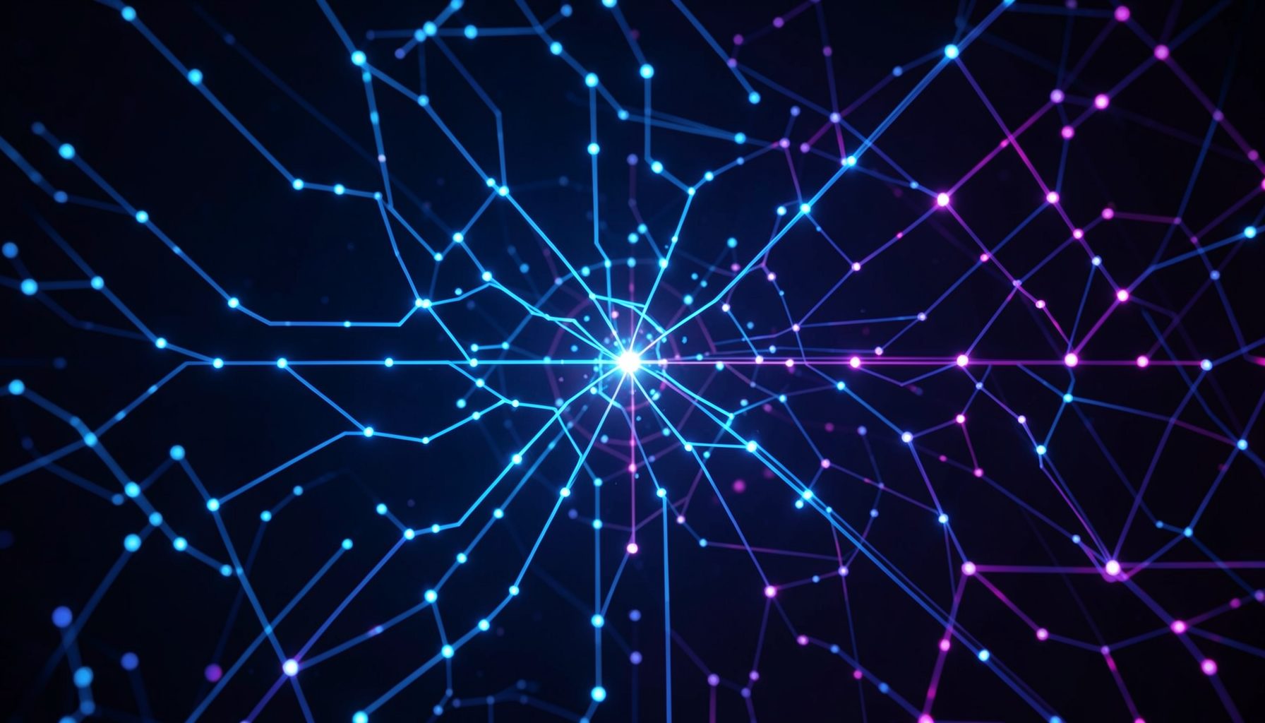 Motif abstrait de circuits et de nœuds lumineux bleus et violets évoquant l'intelligence artificielle et les réseaux neuronaux