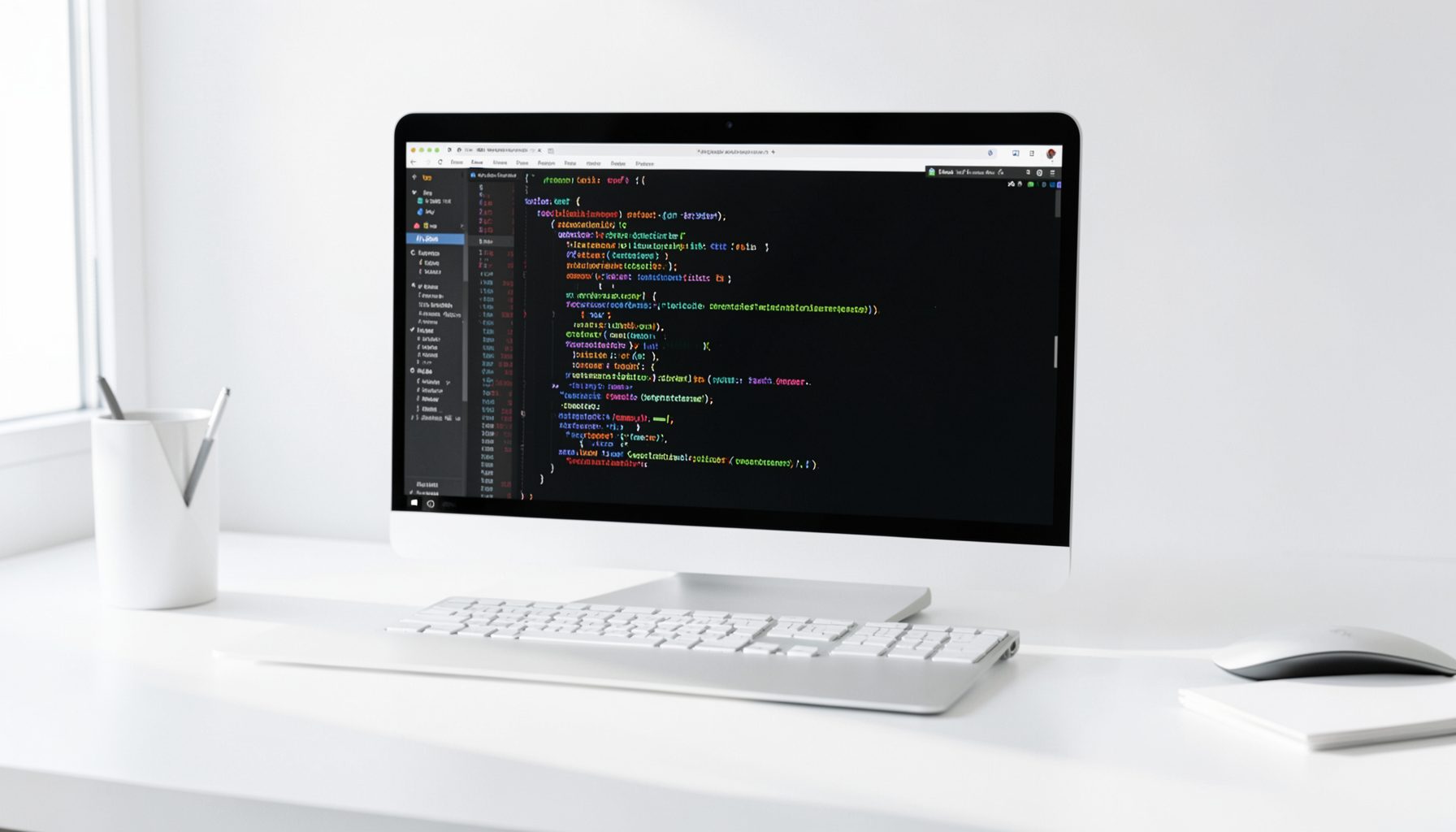 Surface de travail épurée avec un écran affichant du code coloré, tons blancs et gris clair dominants, ambiance studieuse