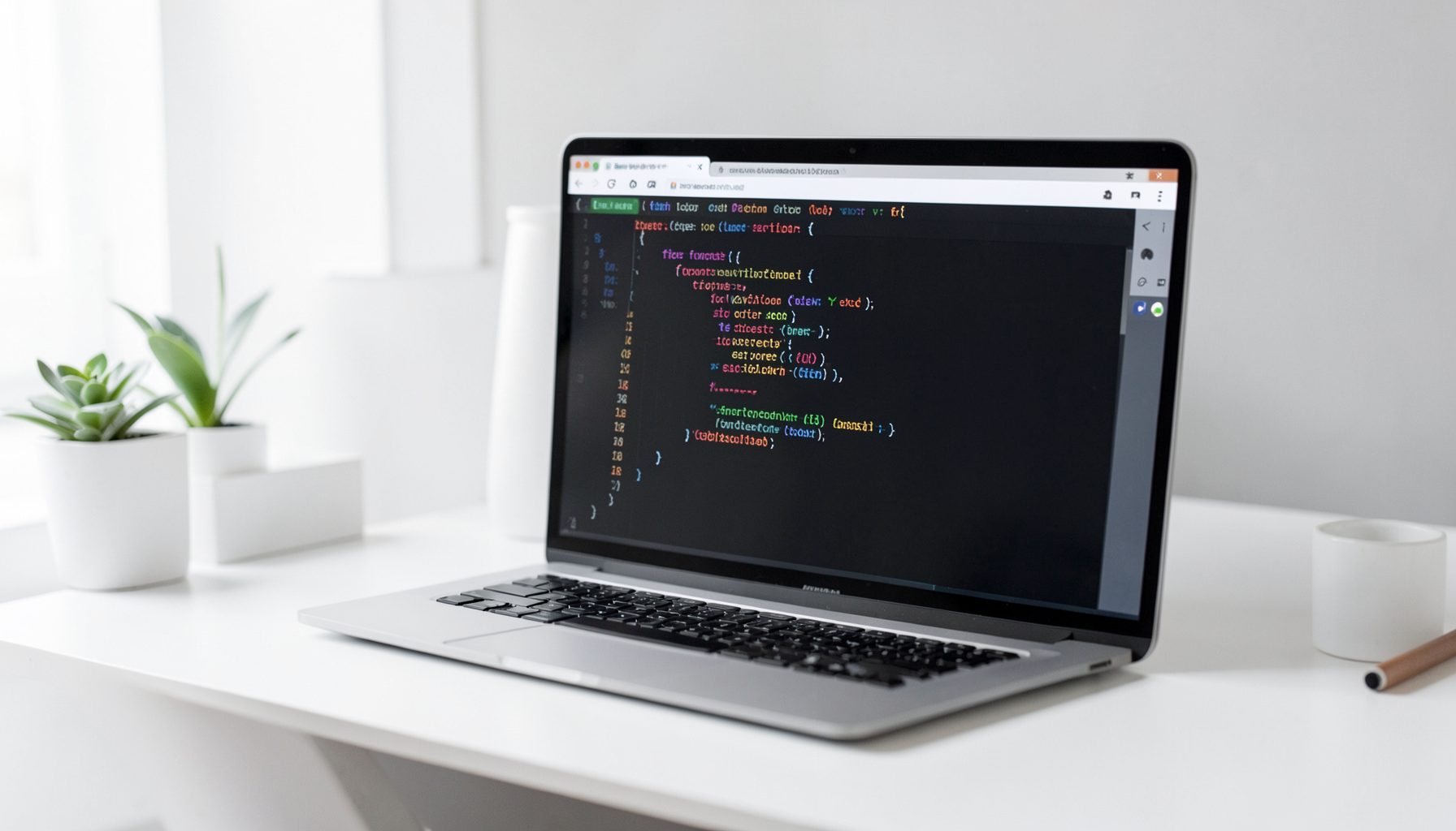 Surface de travail épurée avec un écran affichant du code TypeScript coloré, ambiance studieuse en tons blancs et gris
